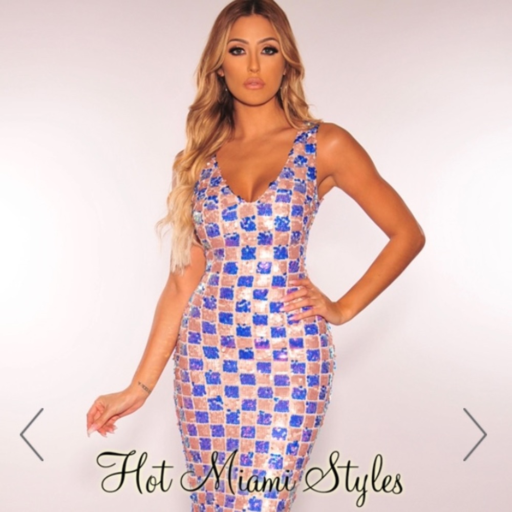 Rose Gold Iridescent Checkered Sequins Midi Dress